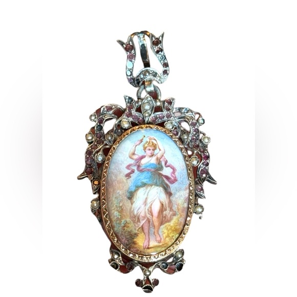 Antique Jewelry - Antique Rare Silver Porcelain Hand Painted Seed Pearl Victorian Pendant